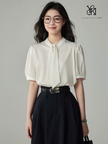 Ya Kejia white satin short-sleeved shirt female design niche light mature Hong Kong style ribbon commuting professional shirt