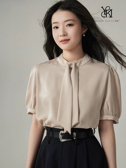 Ya Kejia white satin short-sleeved shirt female design niche light mature Hong Kong style ribbon commuting professional shirt