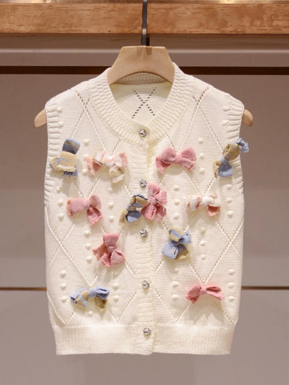 Women's temperament top winter Zhuoya 2024 new autumn bow round neck sleeveless beige cardigan vest sweater