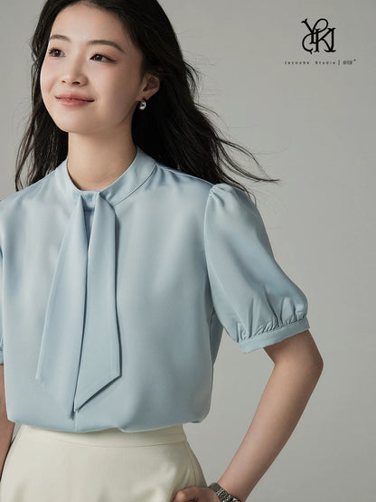 Ya Kejia white satin short-sleeved shirt female design niche light mature Hong Kong style ribbon commuting professional shirt