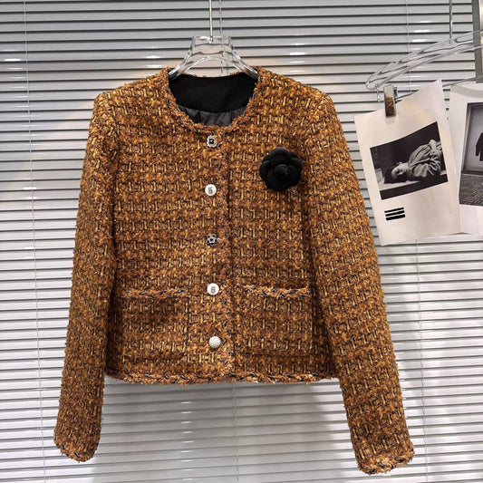 [In Stock] 2025 Winter New Style -Style Floral Brooch Woven Tweed Down Lined Short Jacket Top