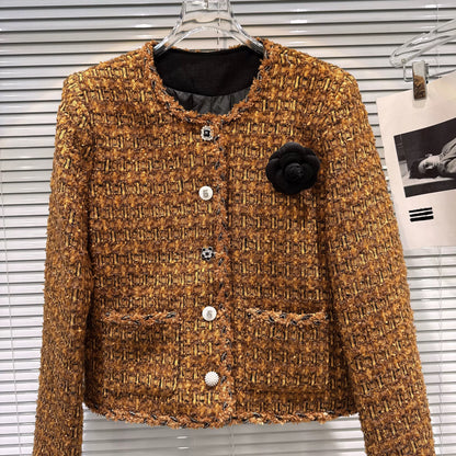 [In Stock] 2025 Winter New Style -Style Floral Brooch Woven Tweed Down Lined Short Jacket Top