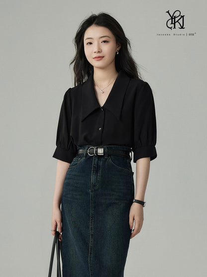 JACOOBS Ya Kejia black shirt female summer design niche French casual temperament pointed collar short-sleeved top