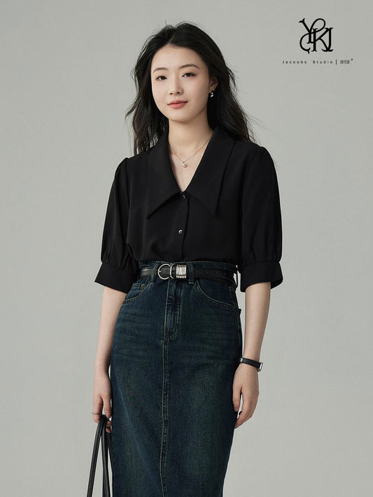 JACOOBS Ya Kejia black shirt female summer design niche French casual temperament pointed collar short-sleeved top