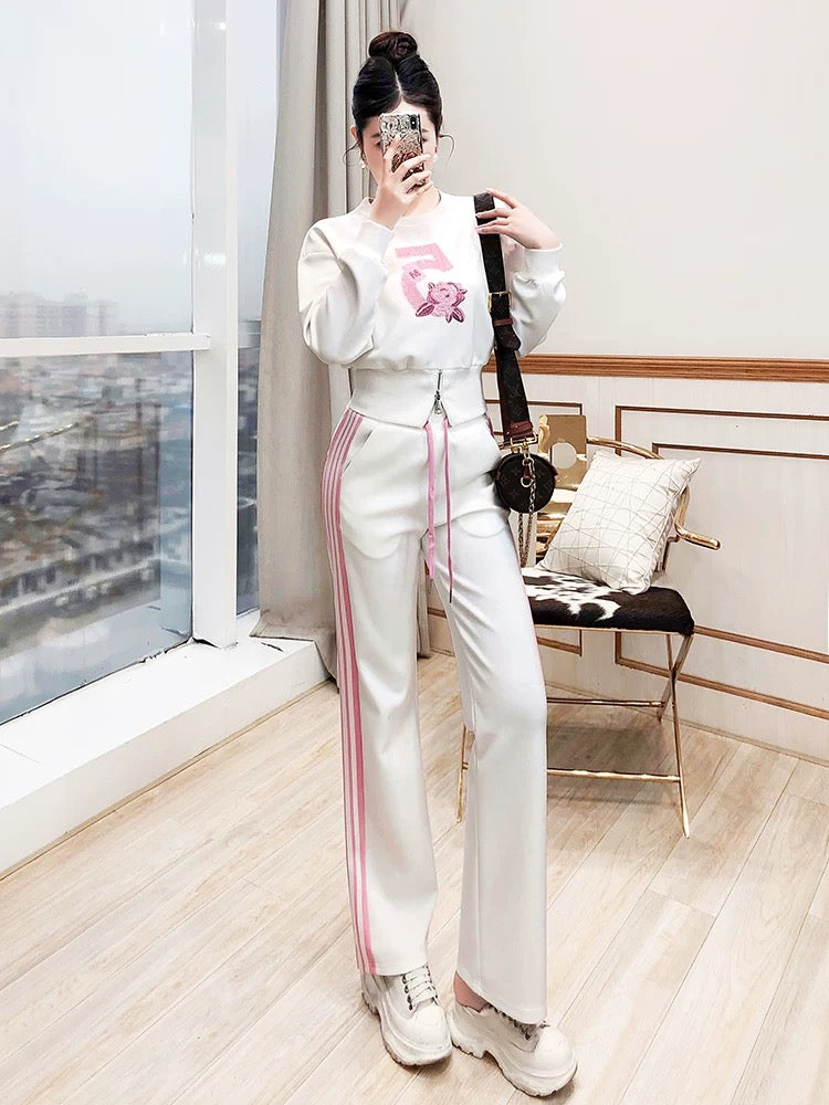 Casual sports suit women's 2025 new two-piece set trendy tops and trousers white sweatshirt suit for women autumn and winter