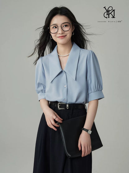 JACOOBS Ya Kejia black shirt female summer design niche French casual temperament pointed collar short-sleeved top