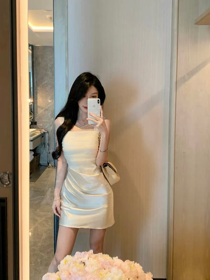 JustQin [Elegant Curve] 2026 New Summer Collection: Women's Sexy Satin & Lace Mini Dress