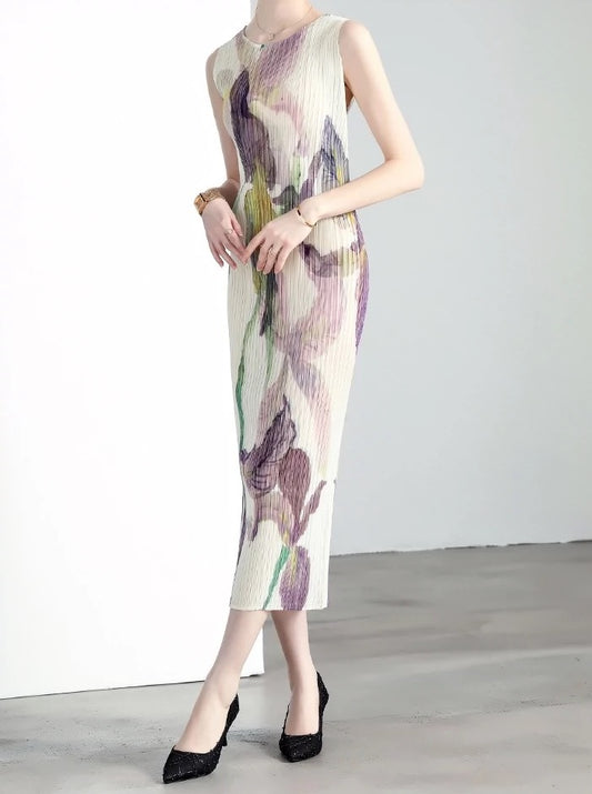 Miyake dress pleated skirt loose slimming ladylike style sleeveless round neck high-end dress long skirt