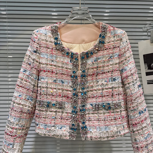 [In Stock] 2025 Winter New Style-inspired Elegant Colored Tweed Down-lined Short Jacket with Rhinestone Trim