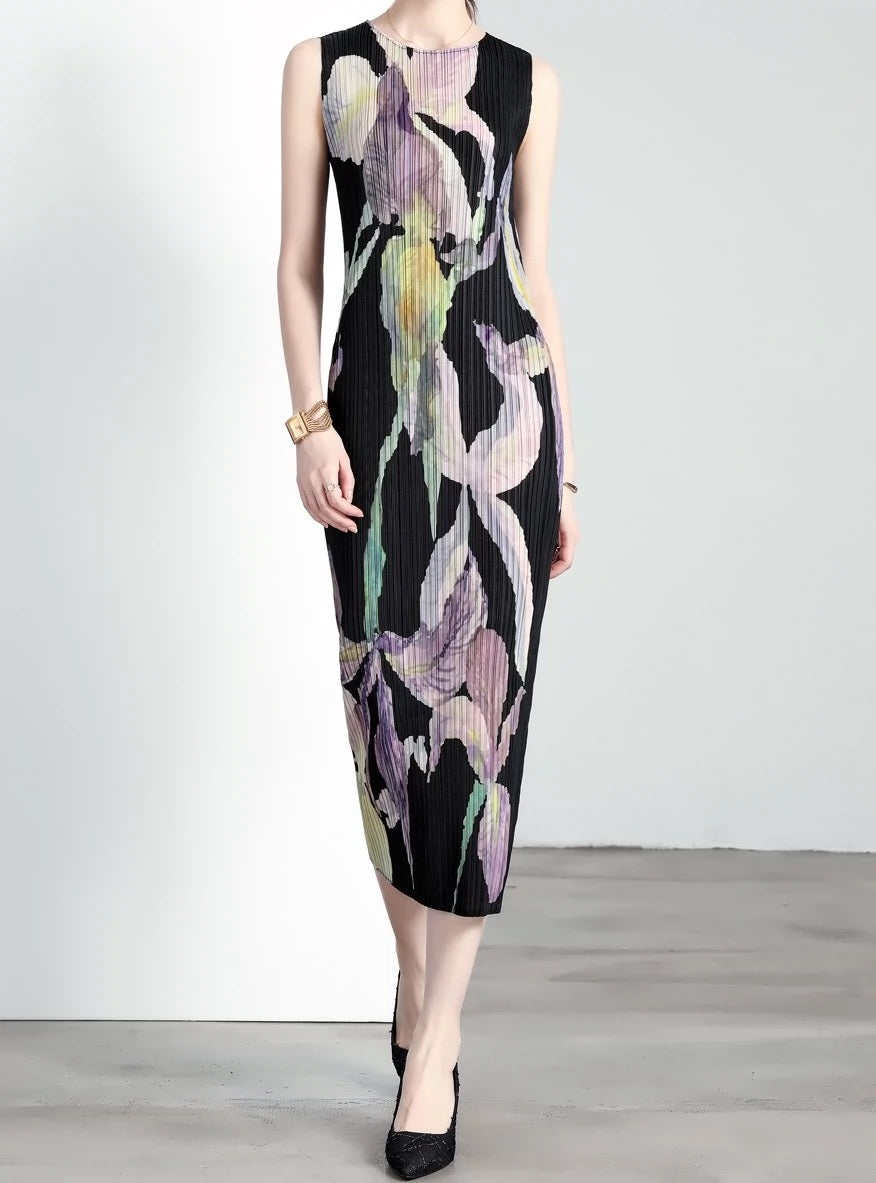 Miyake dress pleated skirt loose slimming ladylike style sleeveless round neck high-end dress long skirt