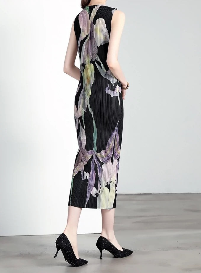 Miyake dress pleated skirt loose slimming ladylike style sleeveless round neck high-end dress long skirt