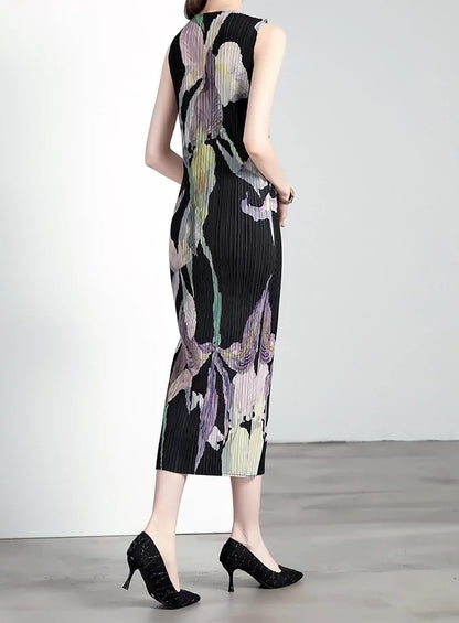 Miyake dress pleated skirt loose slimming ladylike style sleeveless round neck high-end dress long skirt