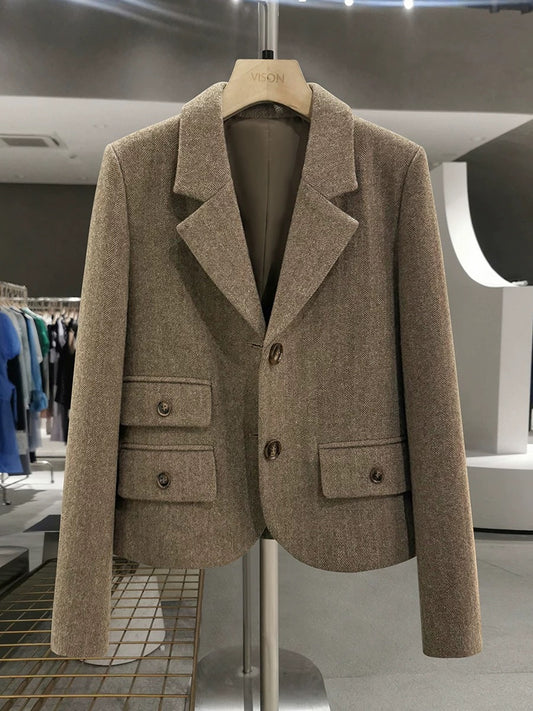 Light brown herringbone wool suit jacket for women 2024 new autumn and winter college style design niche suit