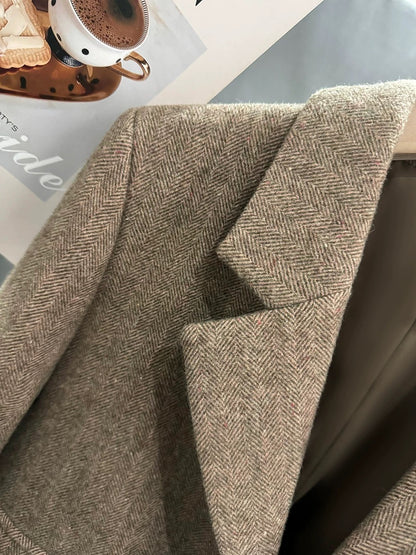 Light brown herringbone wool suit jacket for women 2024 new autumn and winter college style design niche suit