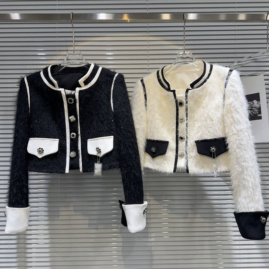 [In Stock] 2025 Winter New Style-inspired High-End Rhinestone Button Mink Fleece Down Lined Short Jacket Top