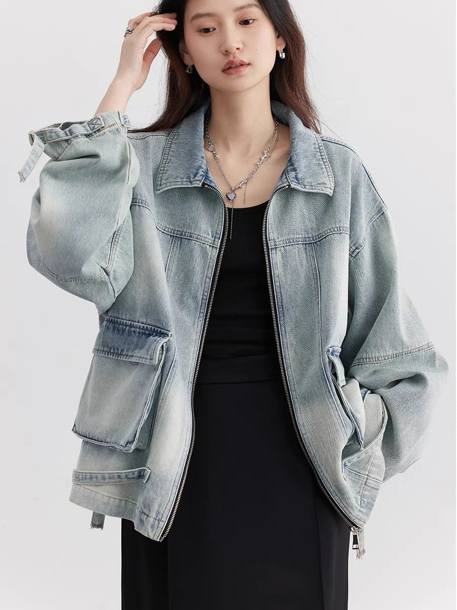 CHICVEN "Perceive Yourself" Spring Distressed Washed Cotton Workwear Patch Pocket Design Denim Jacket