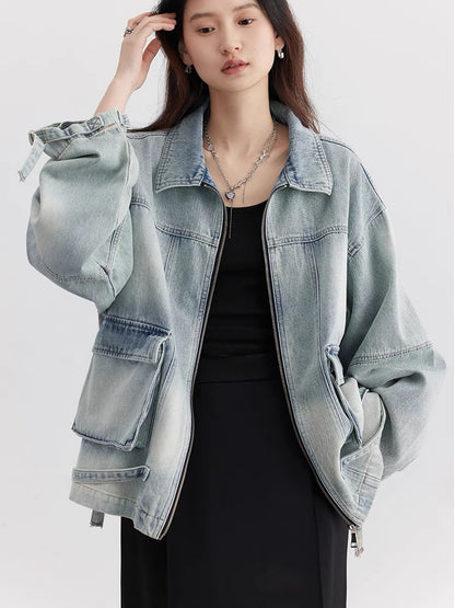 CHICVEN "Perceive Yourself" Spring Distressed Washed Cotton Workwear Patch Pocket Design Denim Jacket