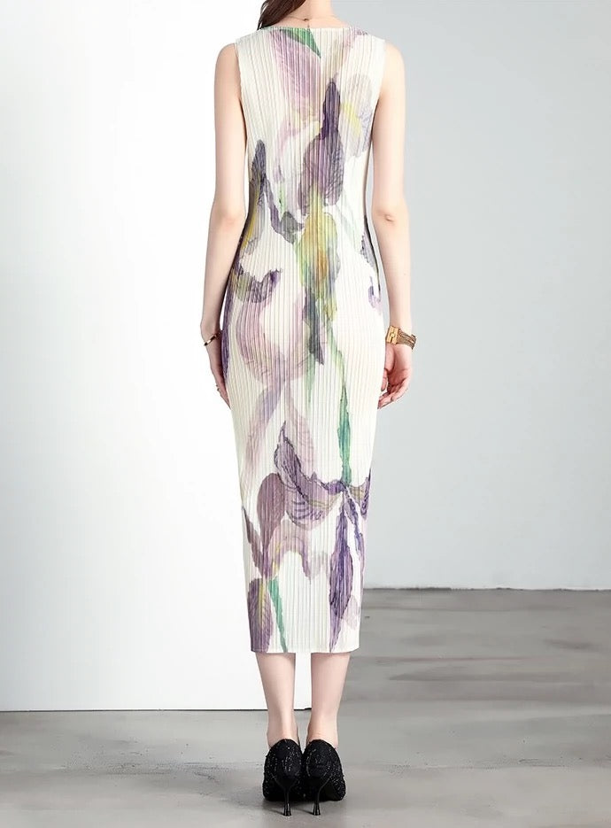 Miyake dress pleated skirt loose slimming ladylike style sleeveless round neck high-end dress long skirt