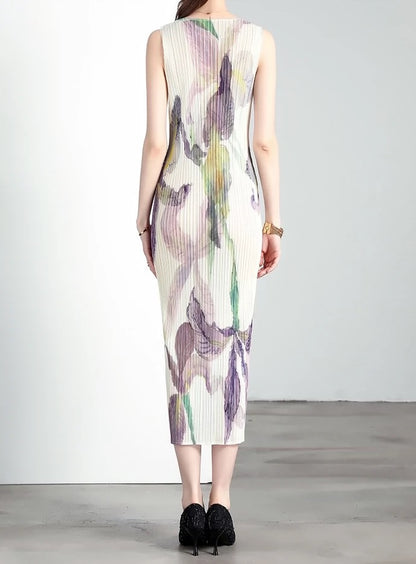 Miyake dress pleated skirt loose slimming ladylike style sleeveless round neck high-end dress long skirt