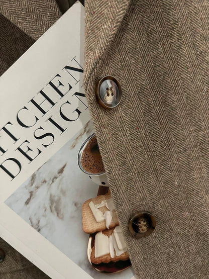 Light brown herringbone wool suit jacket for women 2024 new autumn and winter college style design niche suit