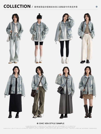 CHICVEN "Perceive Yourself" Spring Distressed Washed Cotton Workwear Patch Pocket Design Denim Jacket