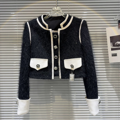 [In Stock] 2025 Winter New Style-inspired High-End Rhinestone Button Mink Fleece Down Lined Short Jacket Top