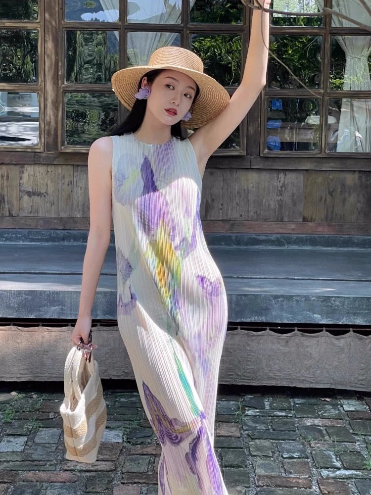 Miyake dress pleated skirt loose slimming ladylike style sleeveless round neck high-end dress long skirt