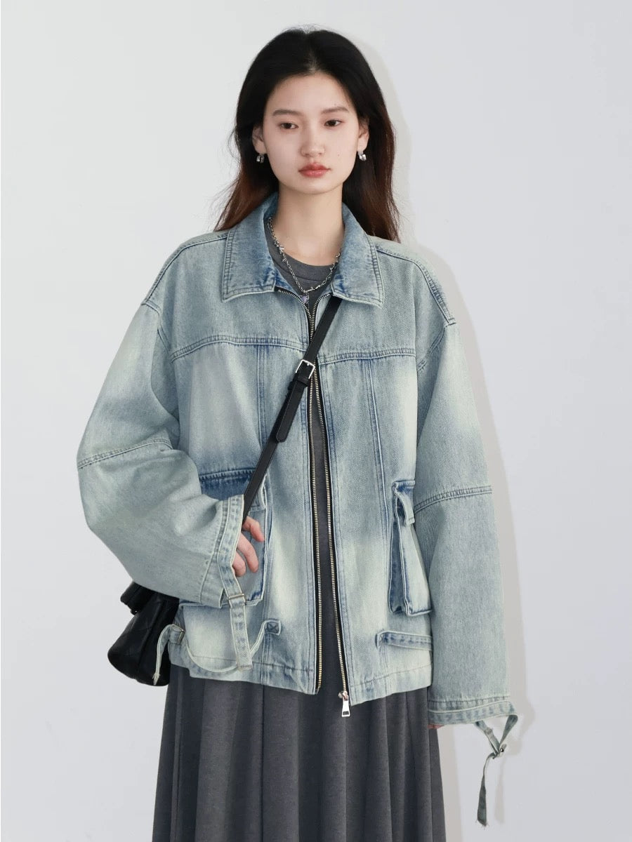 CHICVEN "Perceive Yourself" Spring Distressed Washed Cotton Workwear Patch Pocket Design Denim Jacket