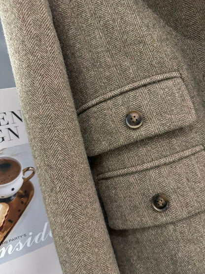 Light brown herringbone wool suit jacket for women 2024 new autumn and winter college style design niche suit