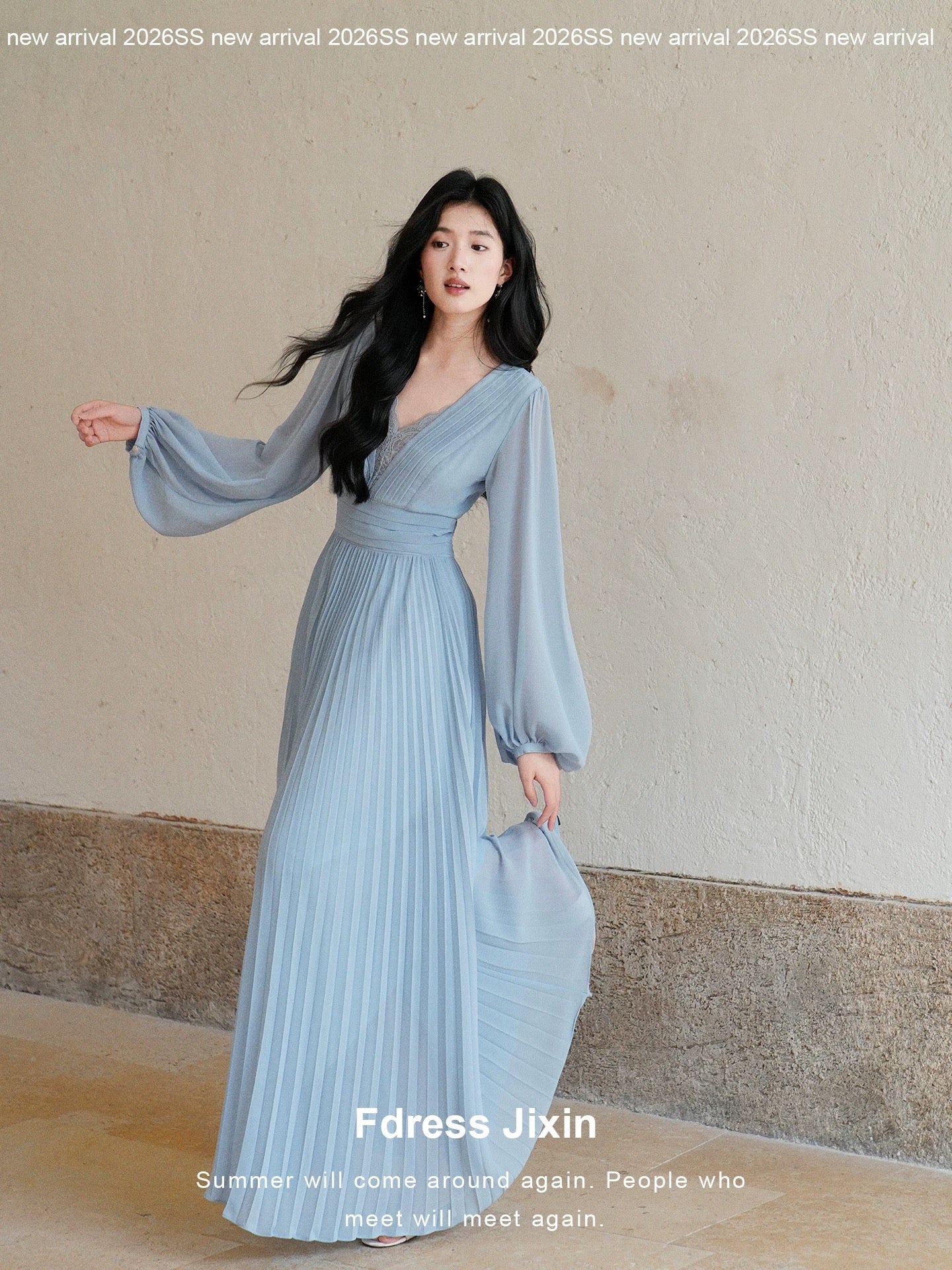 Send a letter: 2026 Spring New Arrival Lace V-Neck High-End French Style Women's Long-Sleeved Accordion Pleated Skirt