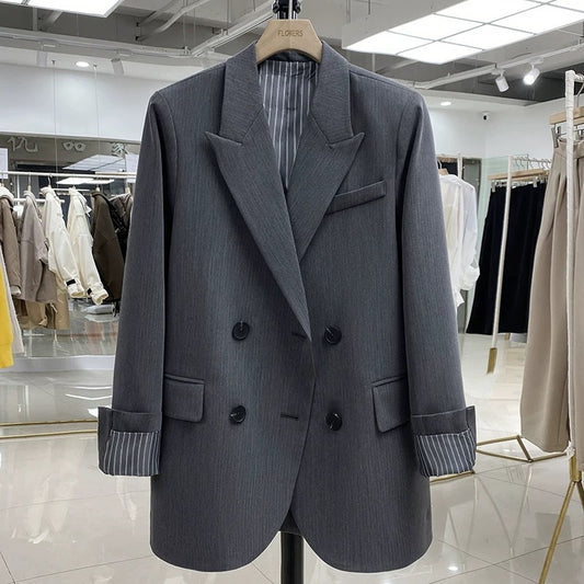 2025 new small gray suit jacket for women spring and autumn striped sleeve design top Hong Kong style small suit