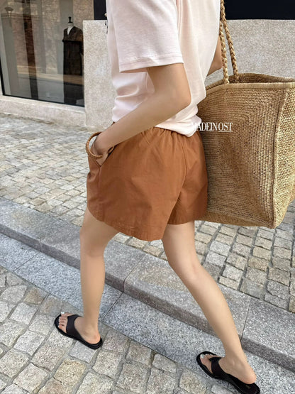 【MADEIN OST】Original design 2025 summer retro color cotton casual elastic waist casual shorts for women