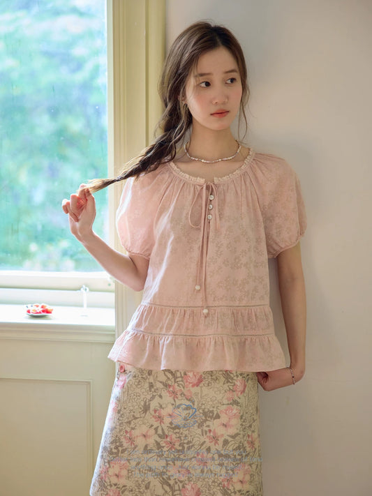 Nov elist One Dark Floral Textured Blouse Summer French Babydoll Style