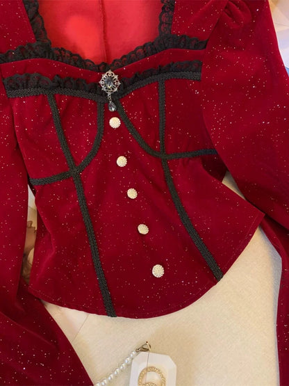 Christmas red velvet fine glitter top for women in autumn, high-end lace splicing square collar shirt, waisted short shirt