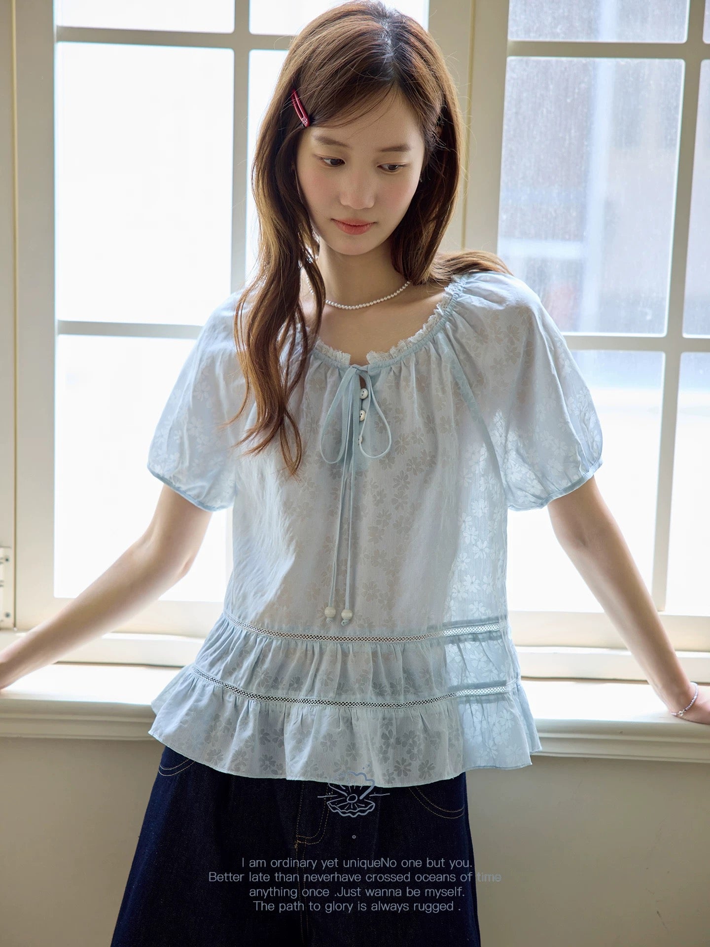 Nov elist One Dark Floral Textured Blouse Summer French Babydoll Style