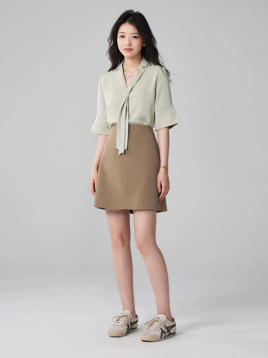 Yakejia imitation acetate satin short-sleeved shirt women's summer loose design niche bow tie professional commuter top