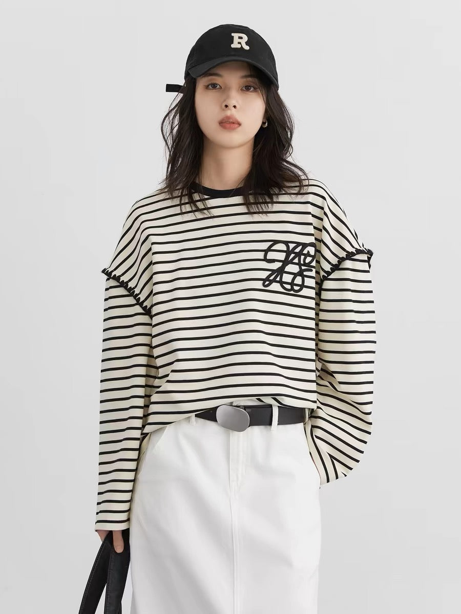 CHICVEN "Informal College Style" Loose Round Neck Contrast Color Striped Long Sleeve T-Shirt Casual Embroidered Top Autumn