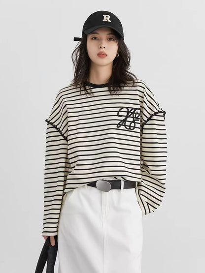 CHICVEN "Informal College Style" Loose Round Neck Contrast Color Striped Long Sleeve T-Shirt Casual Embroidered Top Autumn