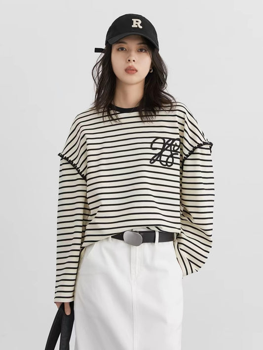 CHICVEN "Informal College Style" Loose Round Neck Contrast Color Striped Long Sleeve T-Shirt Casual Embroidered Top Autumn