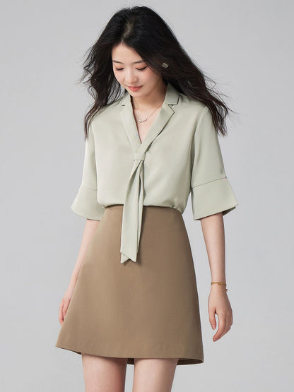 Yakejia imitation acetate satin short-sleeved shirt women's summer loose design niche bow tie professional commuter top