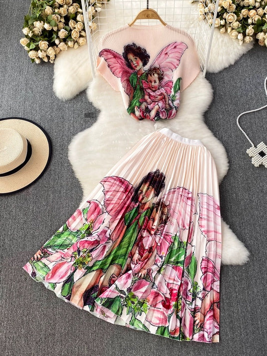 Fashion set Korean style Western style printed Miyake pleated top two-piece set high-waisted slimming A-line pleated skirt