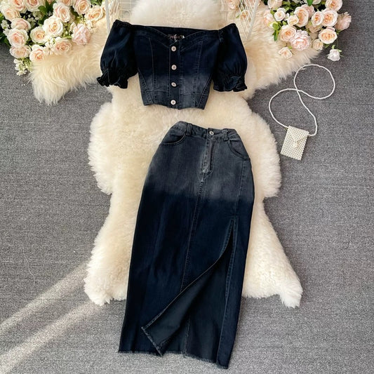 Denim skirt mid-length high waist slit A-line long skirt hip-hugging skirt two-piece suit high-waisted cropped top