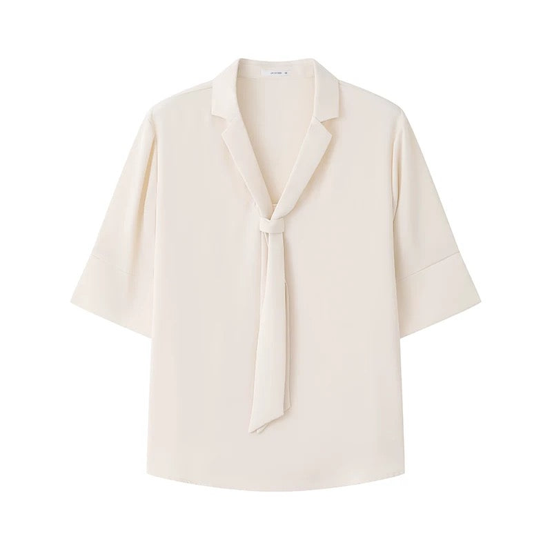 Yakejia imitation acetate satin short-sleeved shirt women's summer loose design niche bow tie professional commuter top