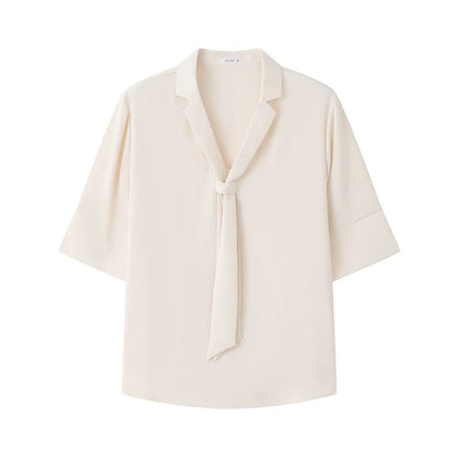 Yakejia imitation acetate satin short-sleeved shirt women's summer loose design niche bow tie professional commuter top