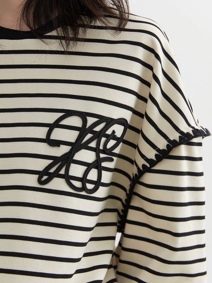 CHICVEN "Informal College Style" Loose Round Neck Contrast Color Striped Long Sleeve T-Shirt Casual Embroidered Top Autumn