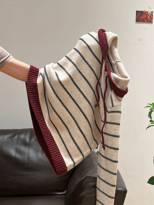 Lazy hooded striped knitted sweater long sleeve thick bottoming shirt inner wear autumn and winter new loose coat tops for women