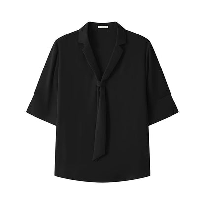 Yakejia imitation acetate satin short-sleeved shirt women's summer loose design niche bow tie professional commuter top