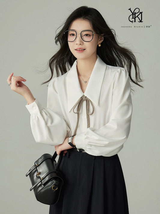 JACOOBS white large pointed collar shirt female drape long-sleeved top commuting spring and autumn design niche retro