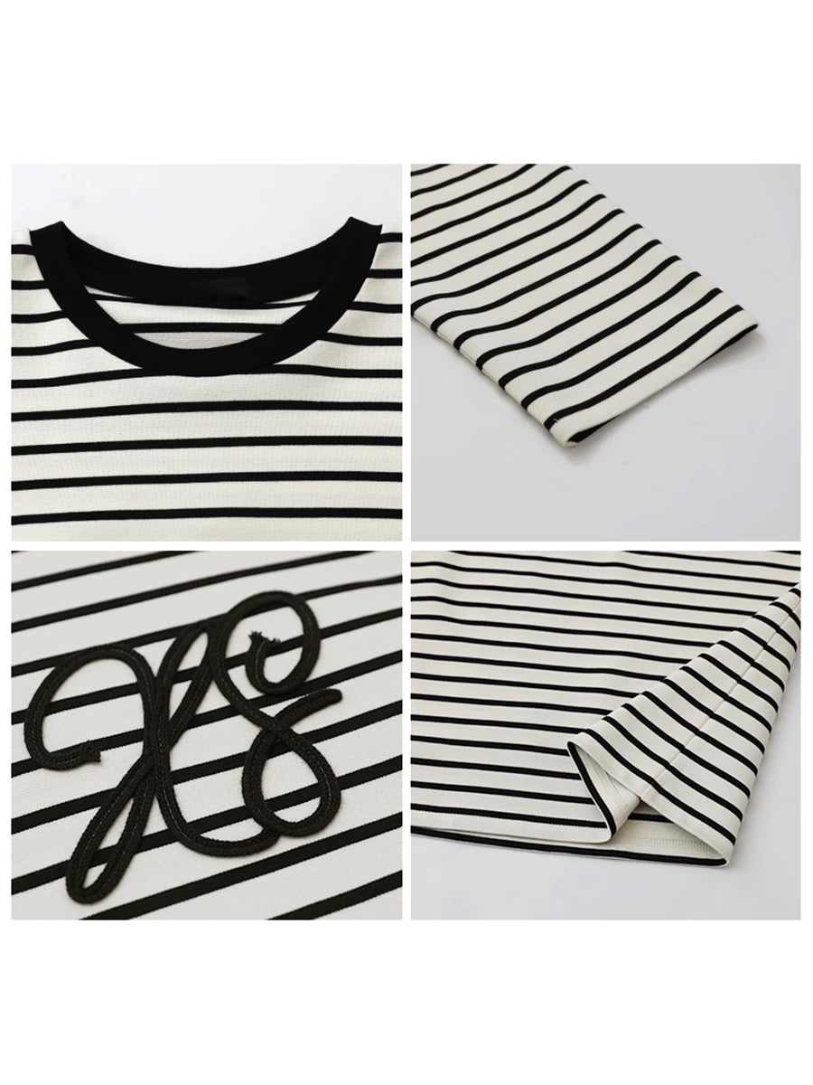 CHICVEN "Informal College Style" Loose Round Neck Contrast Color Striped Long Sleeve T-Shirt Casual Embroidered Top Autumn