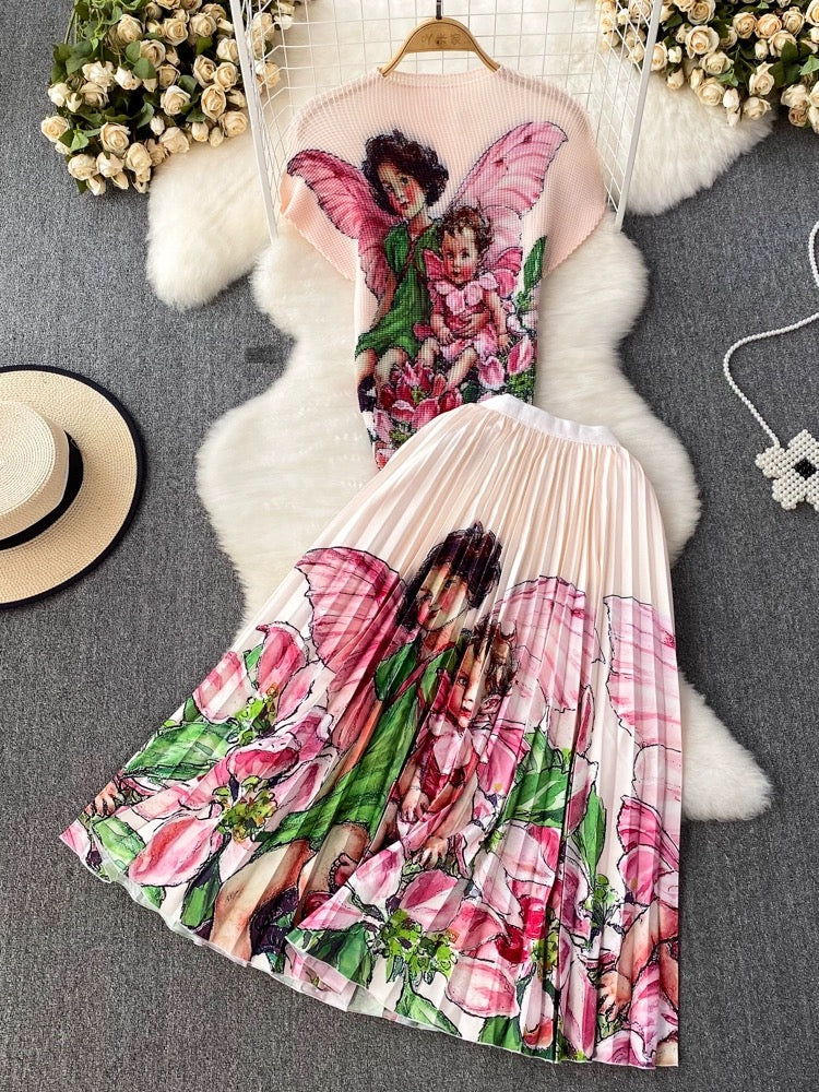 Fashion set Korean style Western style printed Miyake pleated top two-piece set high-waisted slimming A-line pleated skirt